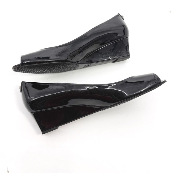 Stuart Weitzman Black Patent Leather Peep Toe Wedge Pumps Size 10.5 M - Picture 10 of 13